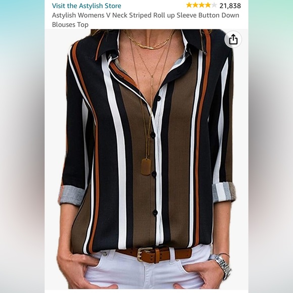 Astylish Medium V Neck Striped Roll Up Sleeve Button Down Blouses Top - Picture 5 of 5